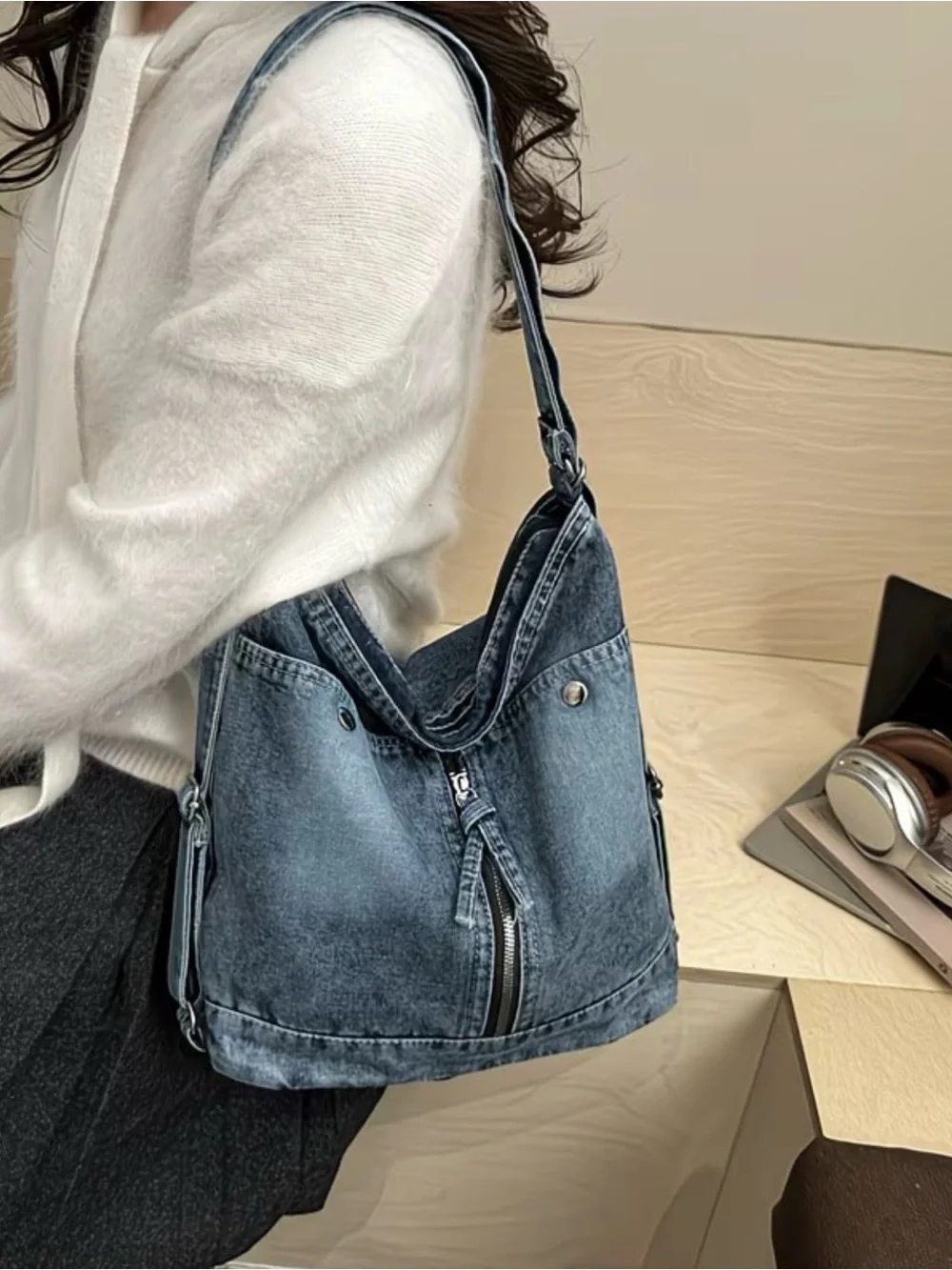 Casual Denim Hobo Bag - Light Blue